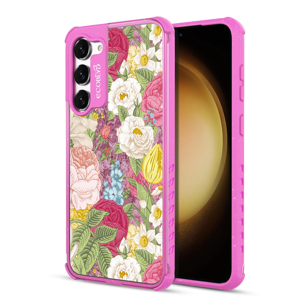In Bloom - Back View Of Pink & Clear Eco-Friendly Galaxy S23 Case & A Front View Of The Screen