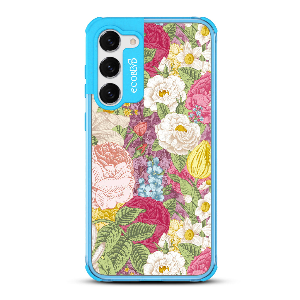 In Bloom - Blue Eco-Friendly Galaxy S23 Case With A Bright Watercolor Floral Arrangement On A Clear Back