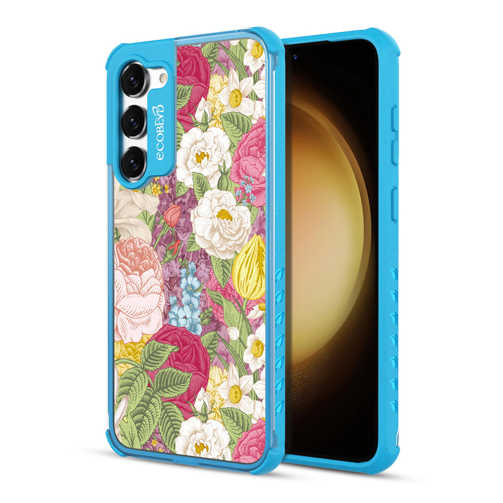 In Bloom - Back View Of Blue & Clear Eco-Friendly Galaxy S23 Plus Case & A Front View Of The Screen