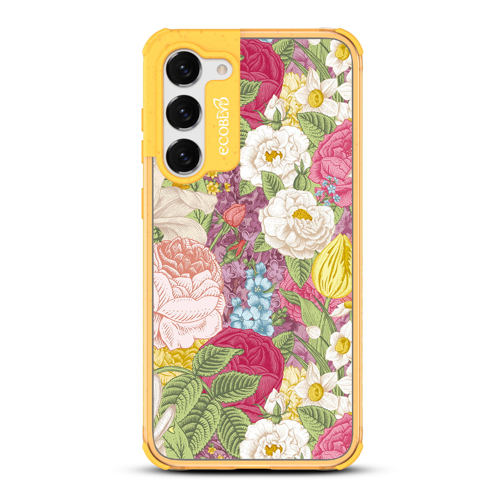 In Bloom - Yellow Eco-Friendly Galaxy S23 Plus Case With A Bright Watercolor Floral Arrangement On A Clear Back