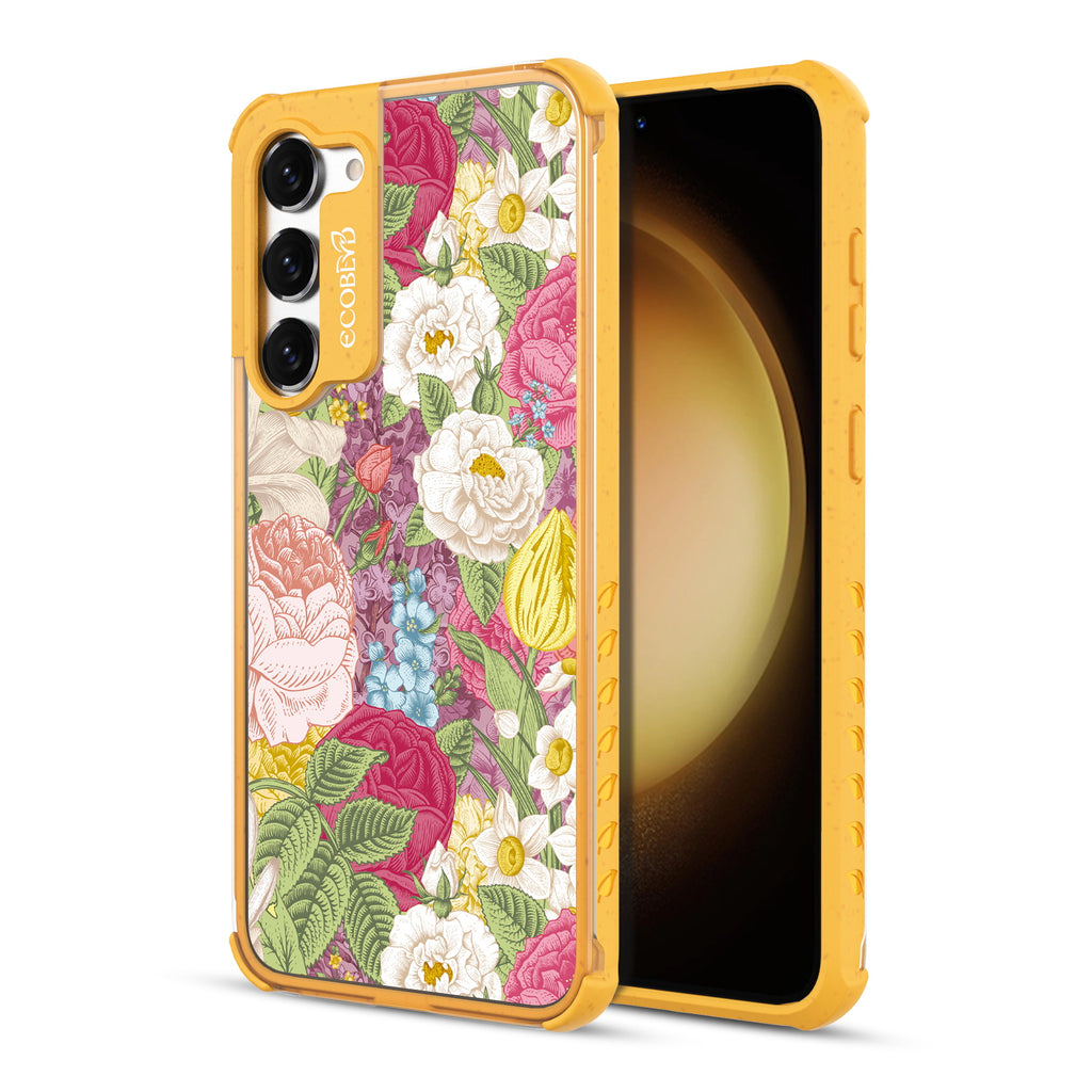  In Bloom - Back View Of Yellow & Clear Eco-Friendly Galaxy S23 Plus Case & A Front View Of The Screen