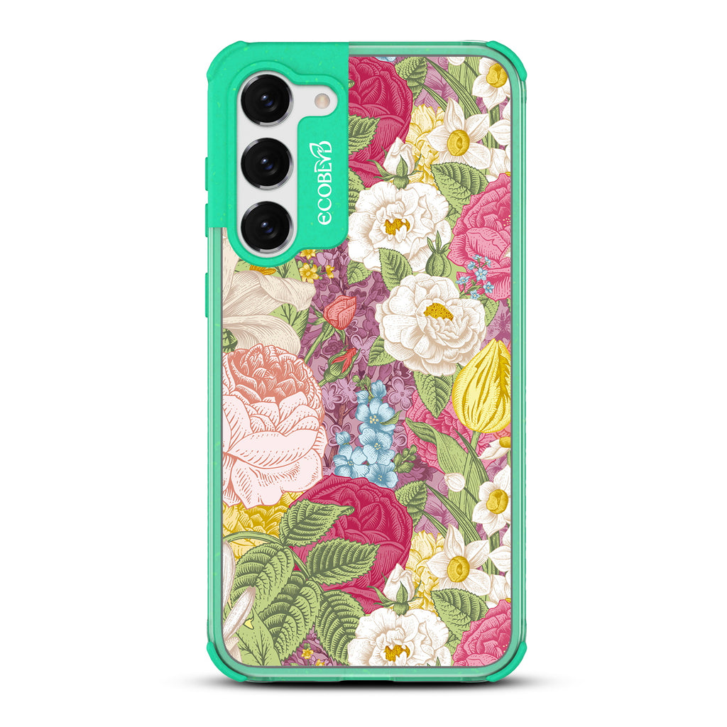 In Bloom - Green Eco-Friendly Galaxy S23 Plus Case With A Bright Watercolor Floral Arrangement On A Clear Back
