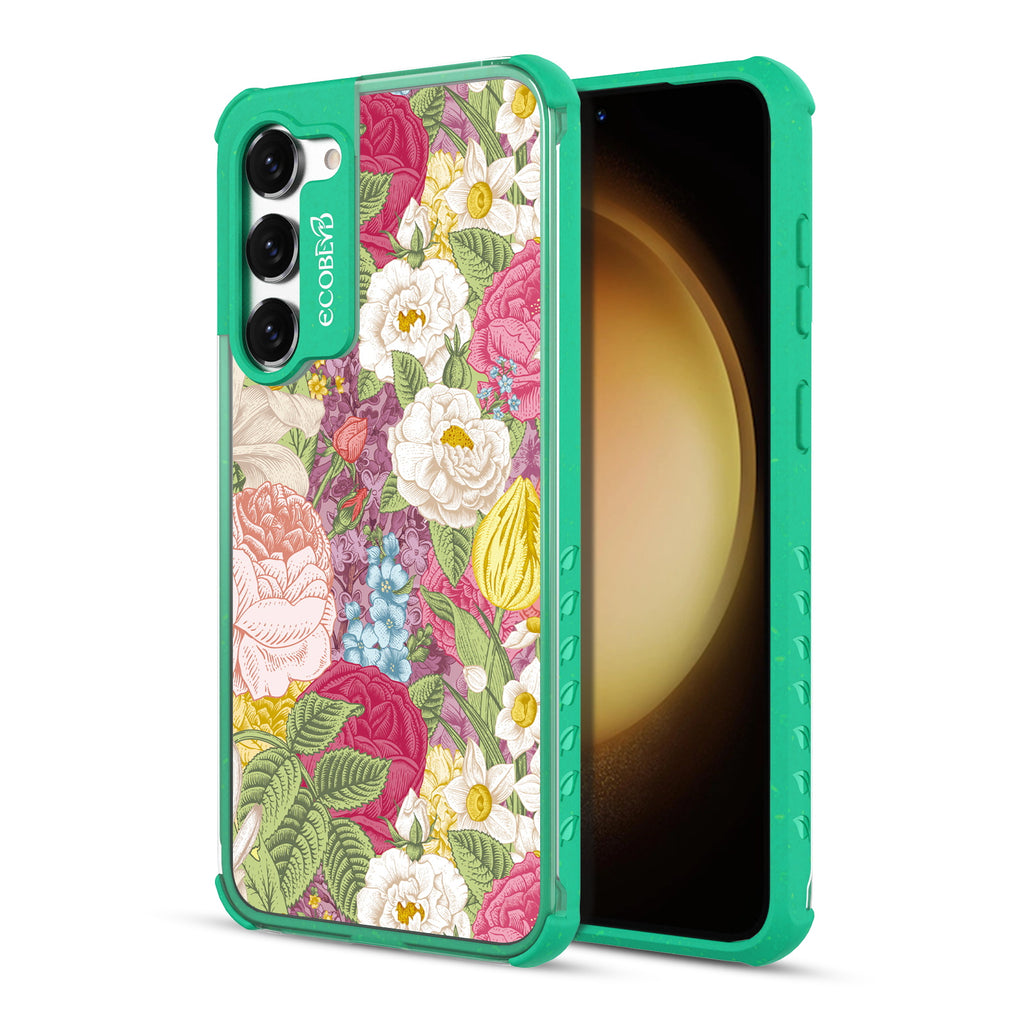 In Bloom - Back View Of Green & Clear Eco-Friendly Galaxy S23 Case & A Front View Of The Screen