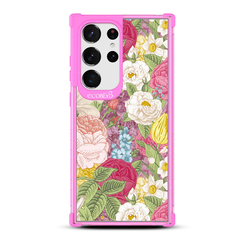 In Bloom - Pink Eco-Friendly Galaxy S23 Ultra Case With A Bright Watercolor Floral Arrangement On A Clear Back