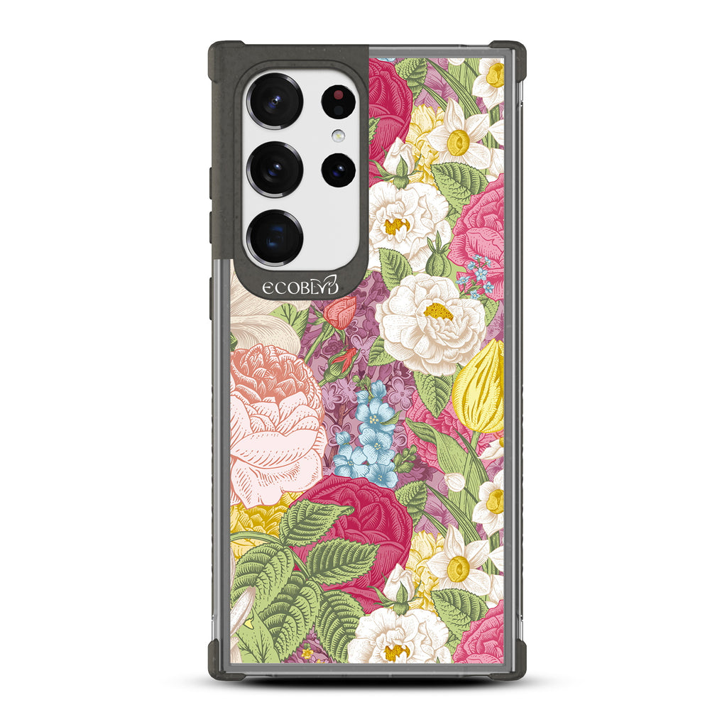 In Bloom - Black Eco-Friendly Galaxy S23 Ultra Case With A Bright Watercolor Floral Arrangement On A Clear Back