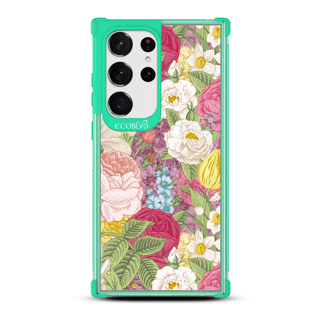 In Bloom - Green Eco-Friendly Galaxy S23 Ultra Case With A Bright Watercolor Floral Arrangement On A Clear Back