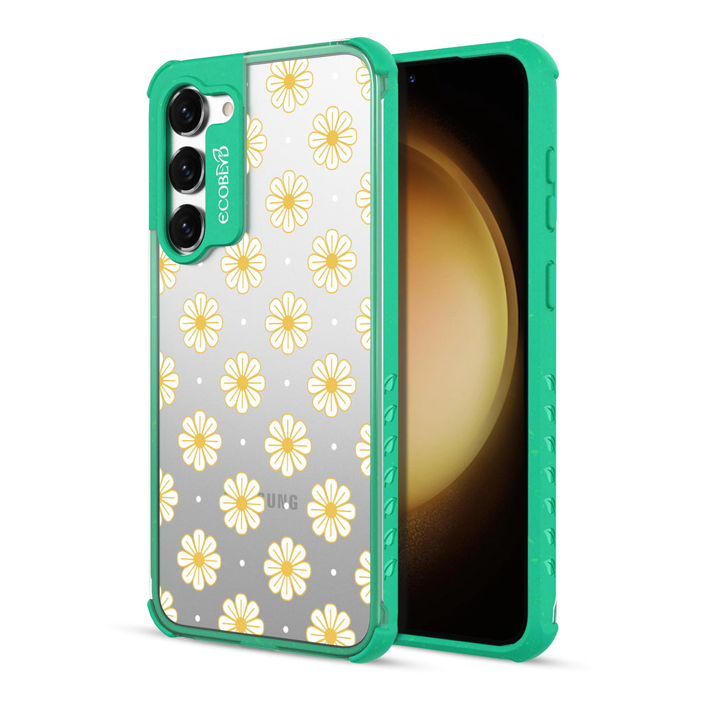 Daisy - Back View Of Green & Clear Eco-Friendly Galaxy S23 Plus Case & A Front View Of The Screen