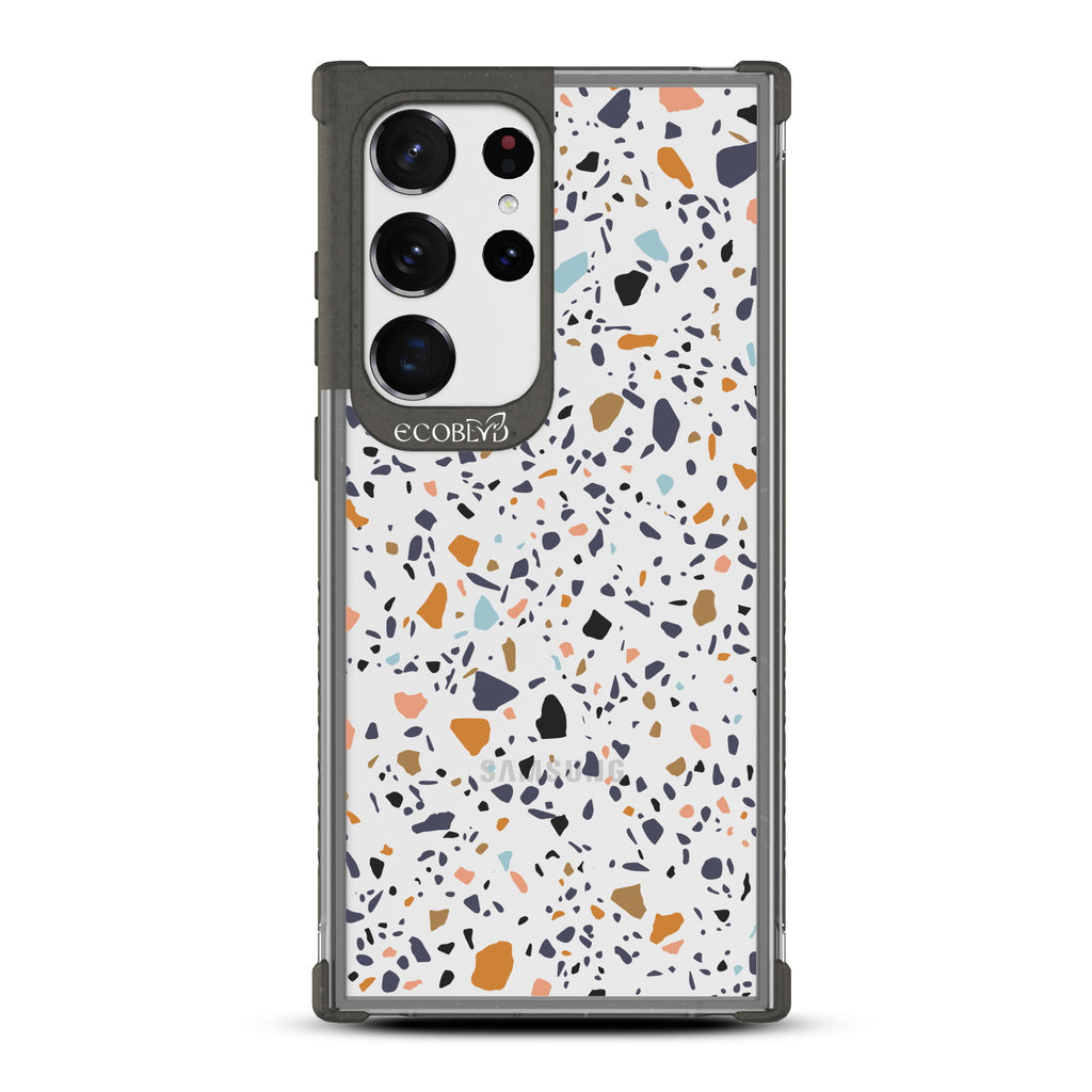 Terrazzo - Black Eco-Friendly Galaxy Ultra Case With A Speckled Terrazzo Pattern On A Clear Back