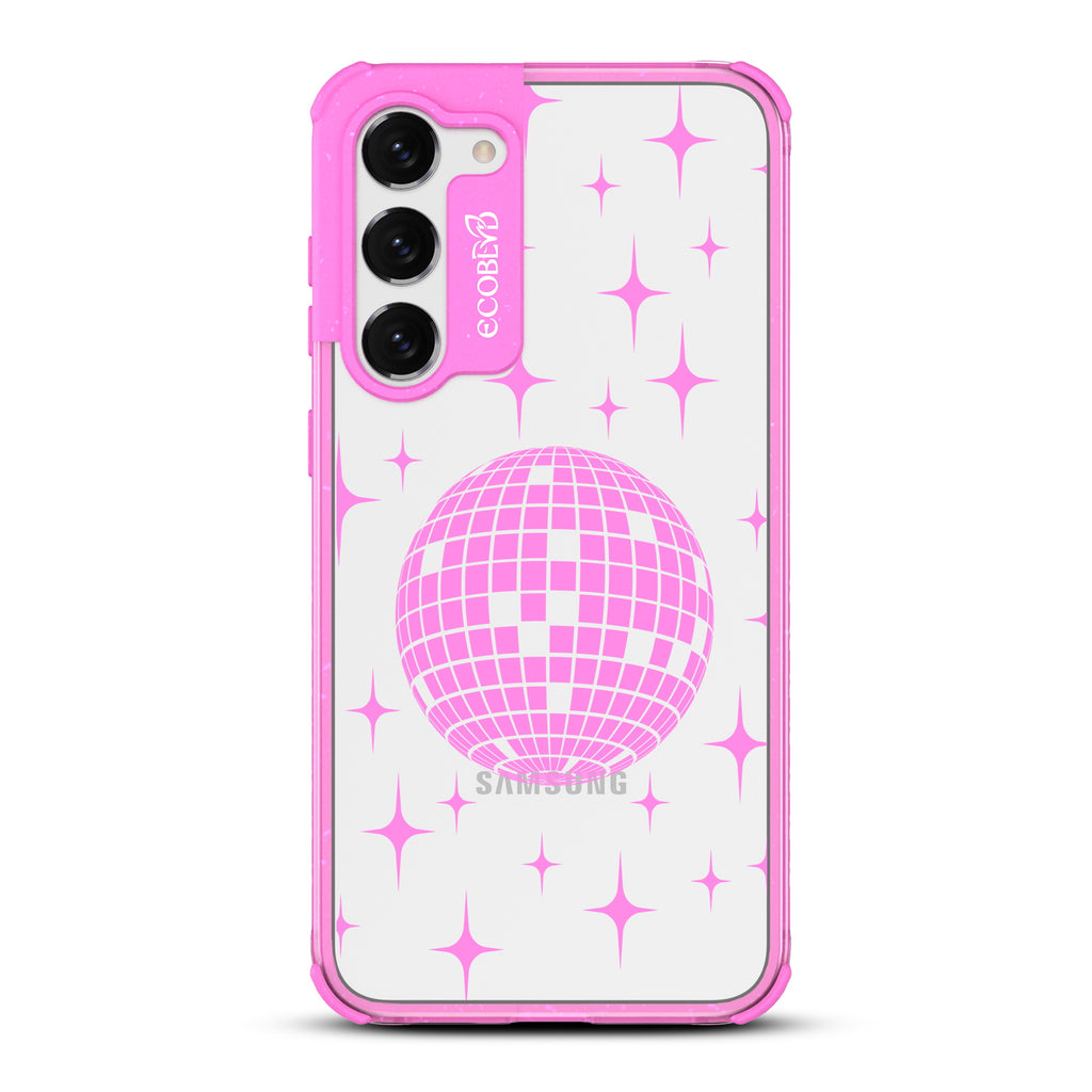 Disco With The Flow - Pink Eco-Friendly Galaxy S23 Case with Disco Mirror Ball +  Stars On A Clear Back
