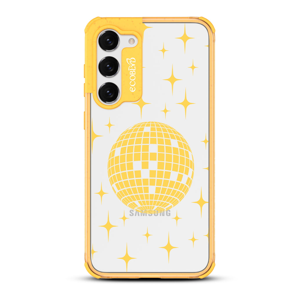 Disco With The Flow - Yellow Eco-Friendly Galaxy S23 Case with Disco Mirror Ball +  Stars On A Clear Back