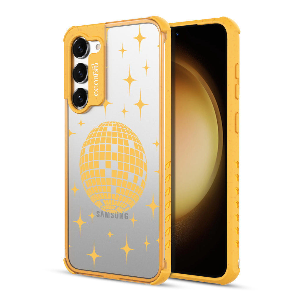 Disco With The Flow - Back View Of Yellow & Clear Eco-Friendly Galaxy S23 Case & A Front View Of The Screen