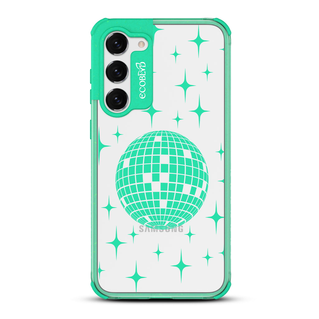 Disco With The Flow - Green Eco-Friendly Galaxy S23 Case with Disco Mirror Ball +  Stars On A Clear Back