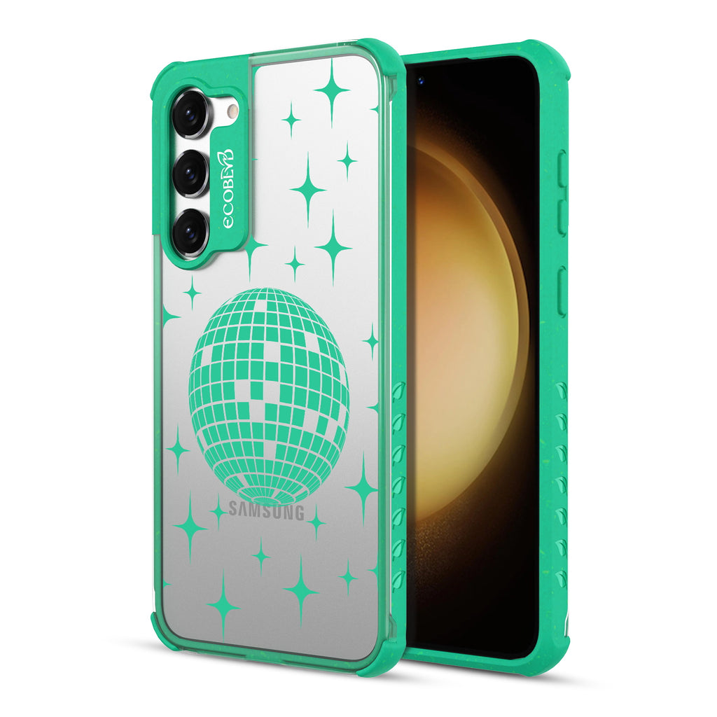 Disco With The Flow - Back View Of Green & Clear Eco-Friendly Galaxy S23 Case & A Front View Of The Screen