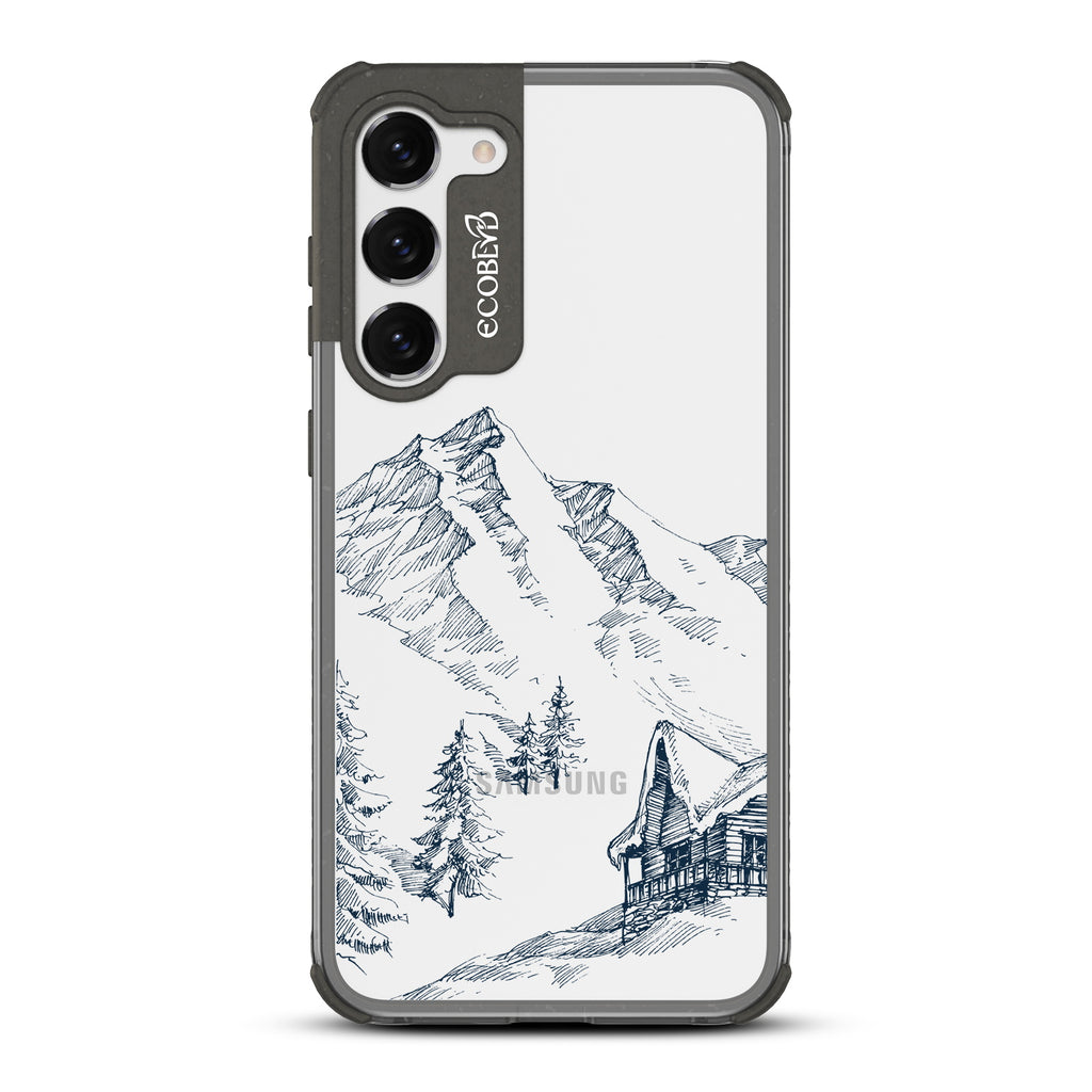 Cabin Retreat - Black Eco-Friendly Galaxy S23 Plus Case with Mountainside Cabin On A Clear Ba