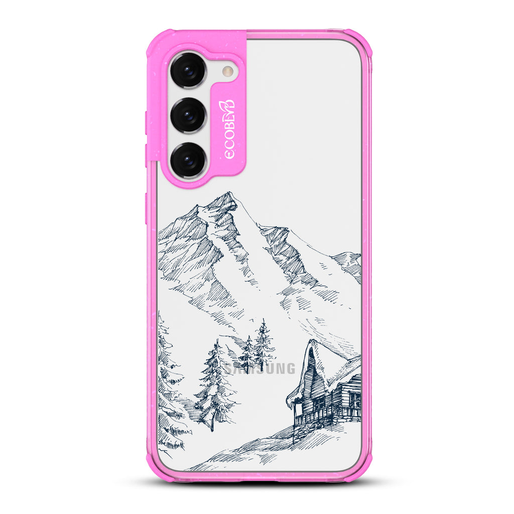 Cabin Retreat - Pink Eco-Friendly Galaxy S23 Case with Mountainside Cabin On A Clear Back