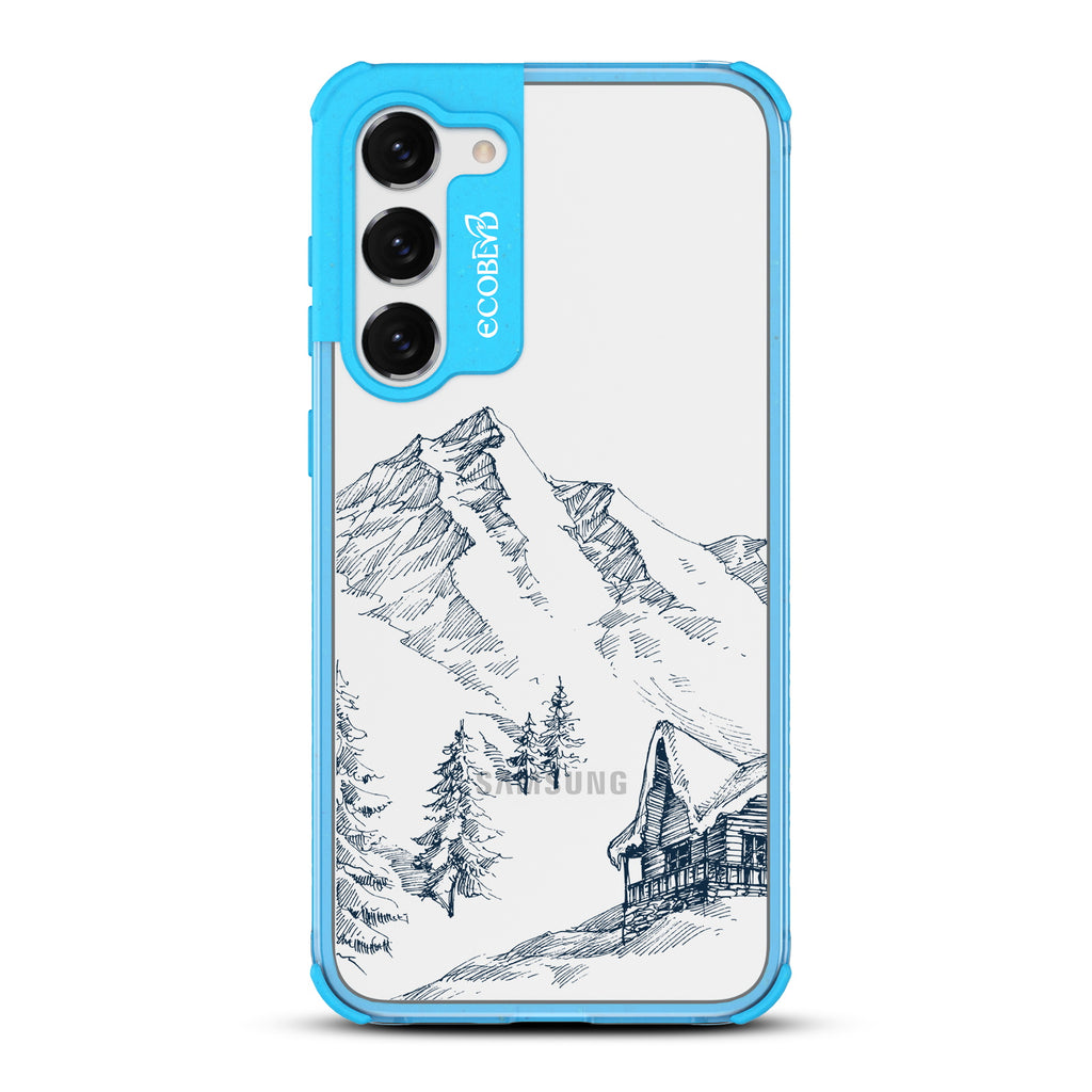 Cabin Retreat - Blue Eco-Friendly Galaxy S23 Case with Mountainside Cabin On A Clear Back