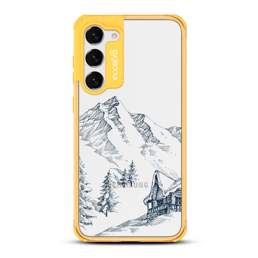Cabin Retreat - Yellow Eco-Friendly Galaxy S23 Case with Mountainside Cabin On A Clear Back