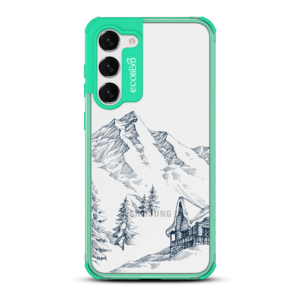 Cabin Retreat - Green Eco-Friendly Galaxy S23 Case with Mountainside Cabin On A Clear Back