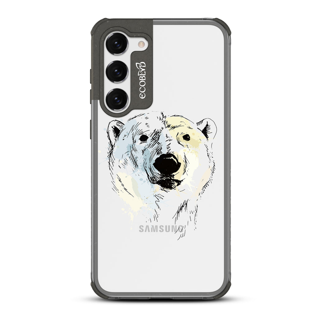 Polar Bear - Black Eco-Friendly Galaxy S23 Case With An Illustrated Polar Bear Face On A Clear Back