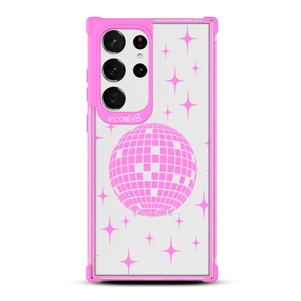 Disco With The Flow - Pink Eco-Friendly Galaxy S23 Ultra Case with Disco Mirror Ball +  Stars On A Clear Back