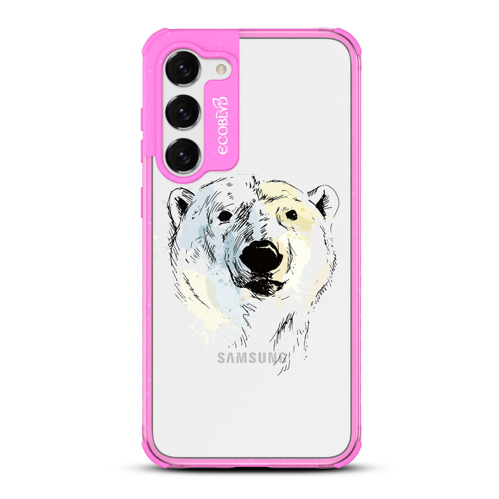Polar Bear - Pink Eco-Friendly Galaxy S23 Case With An Illustrated Polar Bear Face On A Clear Back