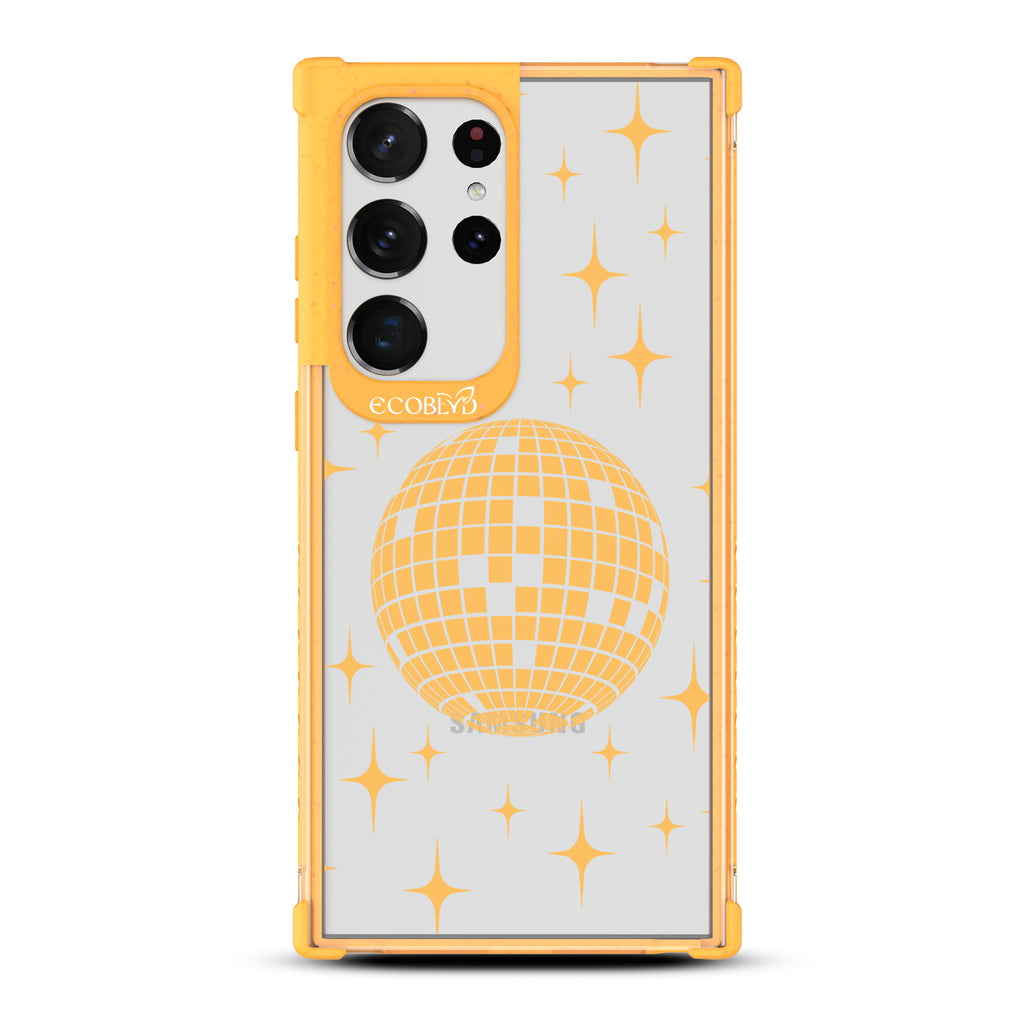 Disco With The Flow - Yellow Eco-Friendly Galaxy S23 Ultra Case with Disco Mirror Ball +  Stars On A Clear Back