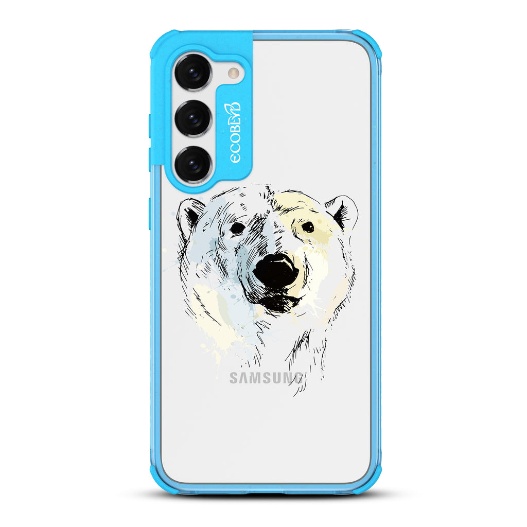 Polar Bear - Blue Eco-Friendly Galaxy S23 Case With An Illustrated Polar Bear Face On A Clear Back
