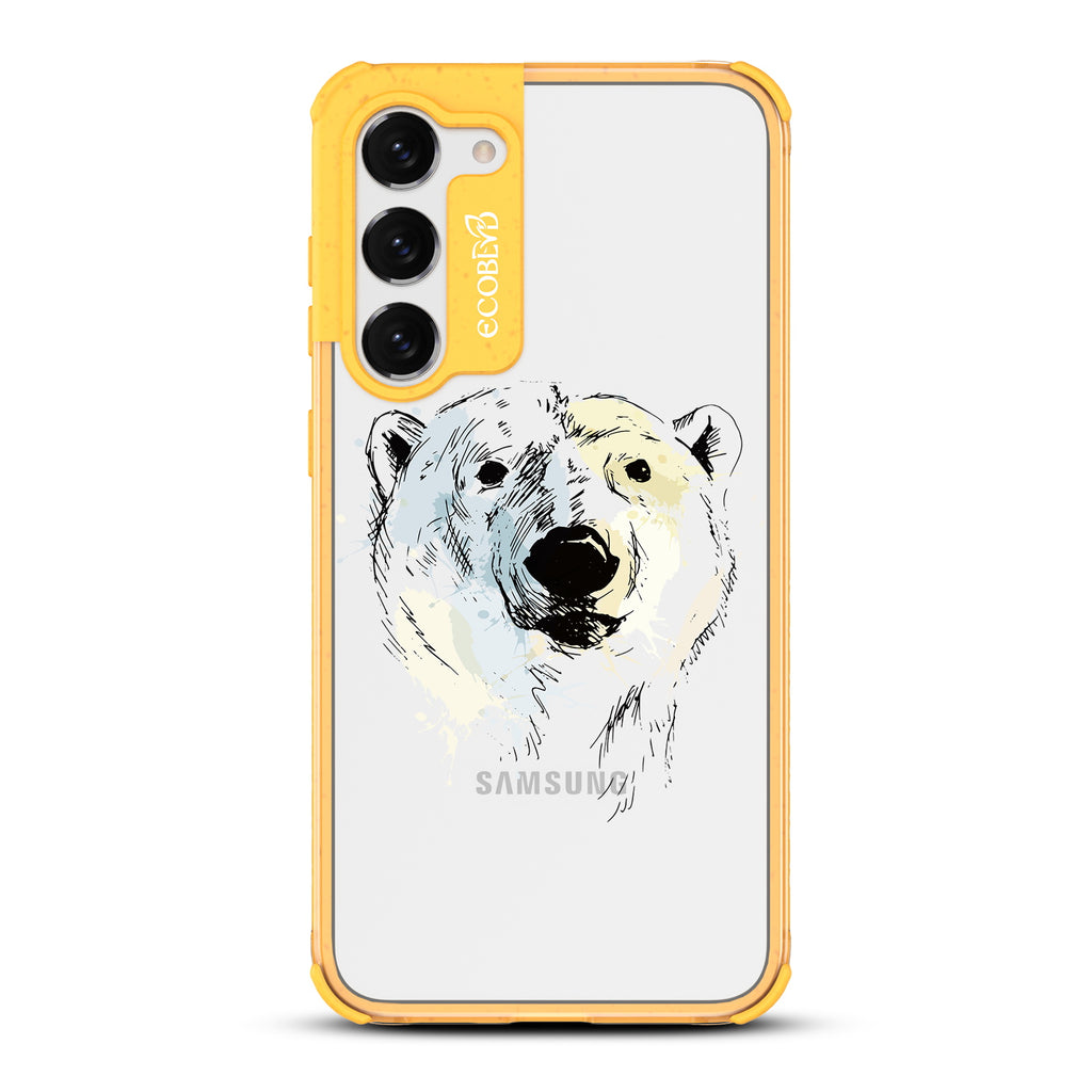 Polar Bear - Yellow Eco-Friendly Galaxy S23 Case With An Illustrated Polar Bear Face On A Clear Back