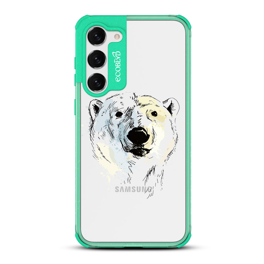 Polar Bear - Green Eco-Friendly Galaxy S23 Plus Case With An Illustrated Polar Bear Face On A Clear Back
