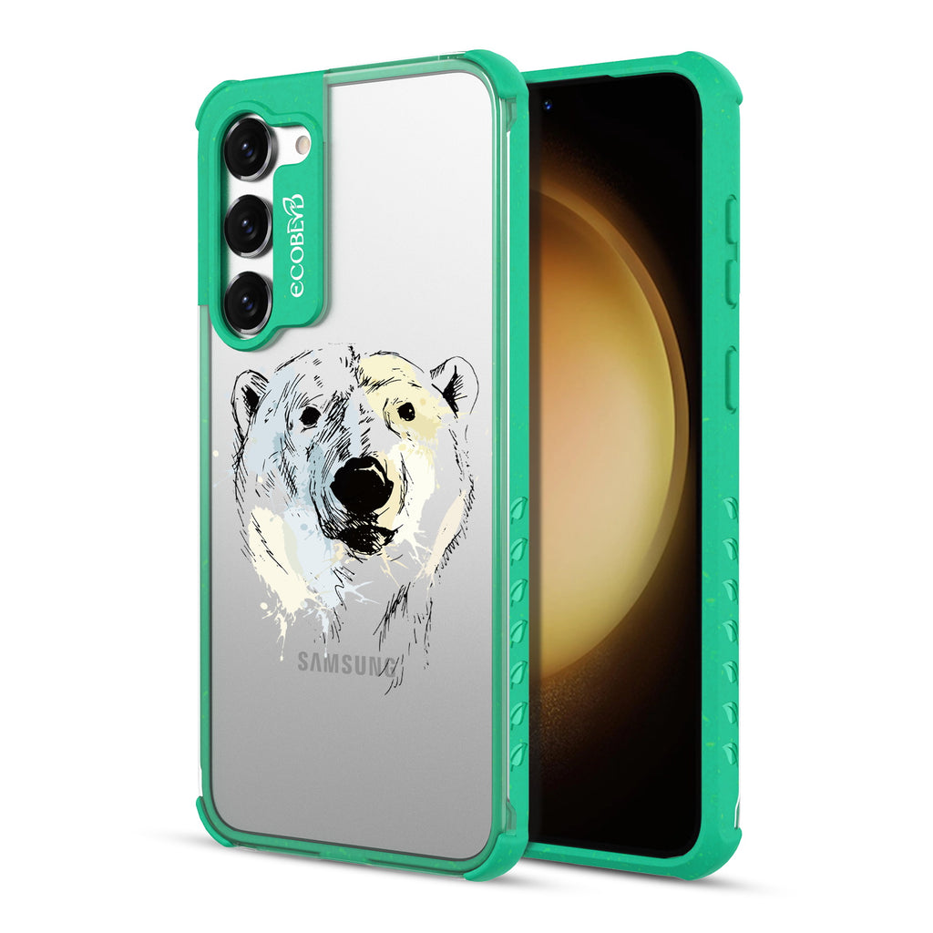 Polar Bear - Back View Of Green & Clear Eco-Friendly Galaxy S23 Case & A Front View Of The Screen