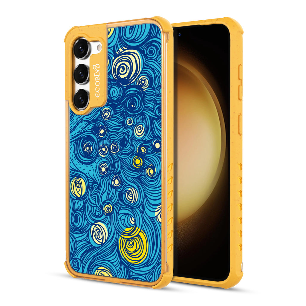 Let It Gogh - Back View Of Yellow & Clear Eco-Friendly Galaxy S23 Case & A Front View Of The Screen