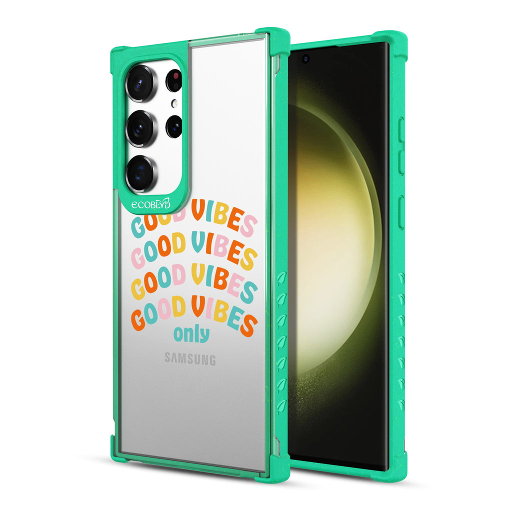 Good Vibes Only - Back View Of Yellow & Clear Eco-Friendly Galaxy S23 Ultra Case & A Front View Of The Screen