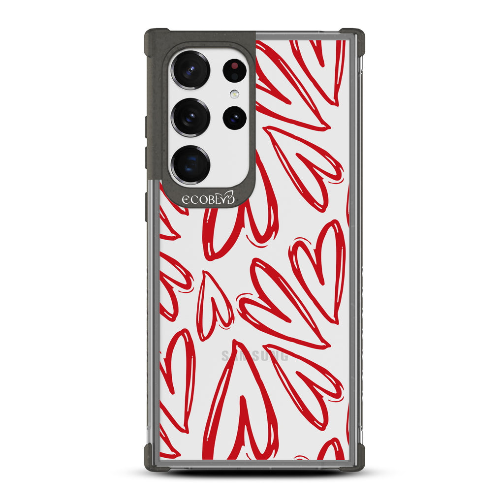 Heartfelt - Black Eco-Friendly Galaxy S23 Ultra Case With Painted / Sketched Red Hearts On A Clear Back