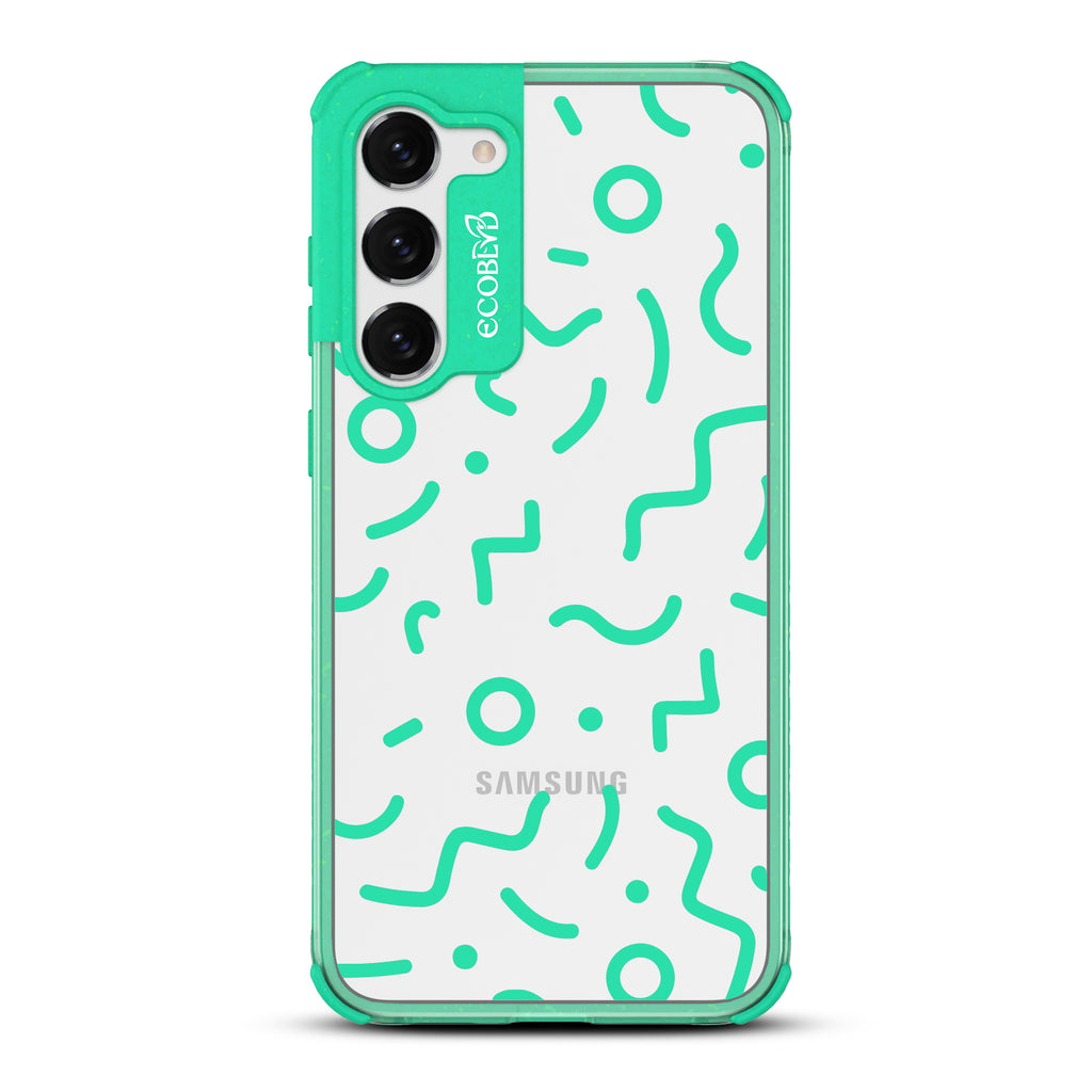 90's Kids - Green Eco-Friendly Galaxy S23 Case with Retro 90's Lines & Squiggles On A Clear Back