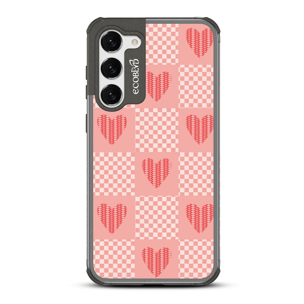 Love Connection - Black Eco-Friendly Galaxy S23 Case With Gingham Print Of Chevron Squares & Sewn Hearts On A Clear Back