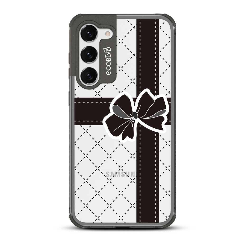 All Wrapped Up - Black Eco-Friendly Galaxy S23 Plus Case with Black Bow, Ribbon + Argyle Print On A Clear Back