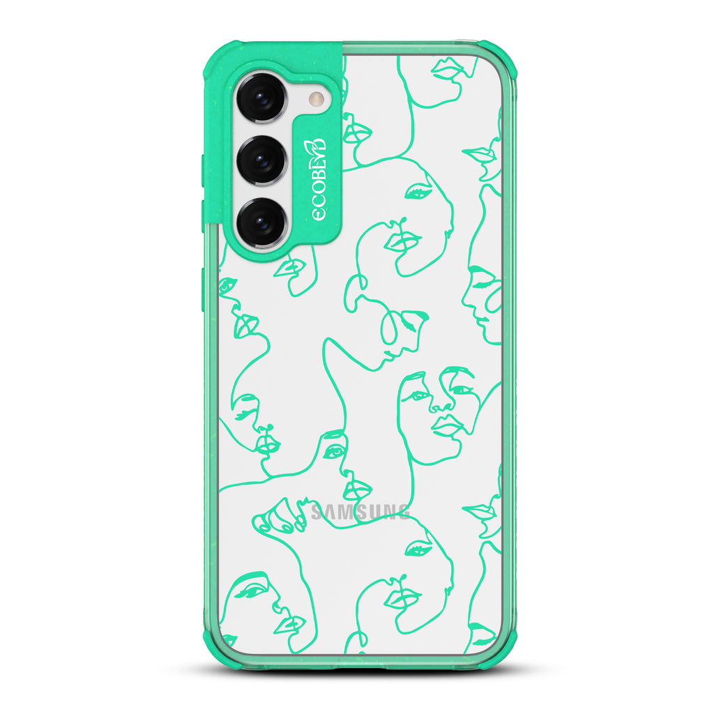 Delicate Touch - Green Eco-Friendly Galaxy S23 Plus Case with Woman’s Portrait Line Art On A Clear Back
