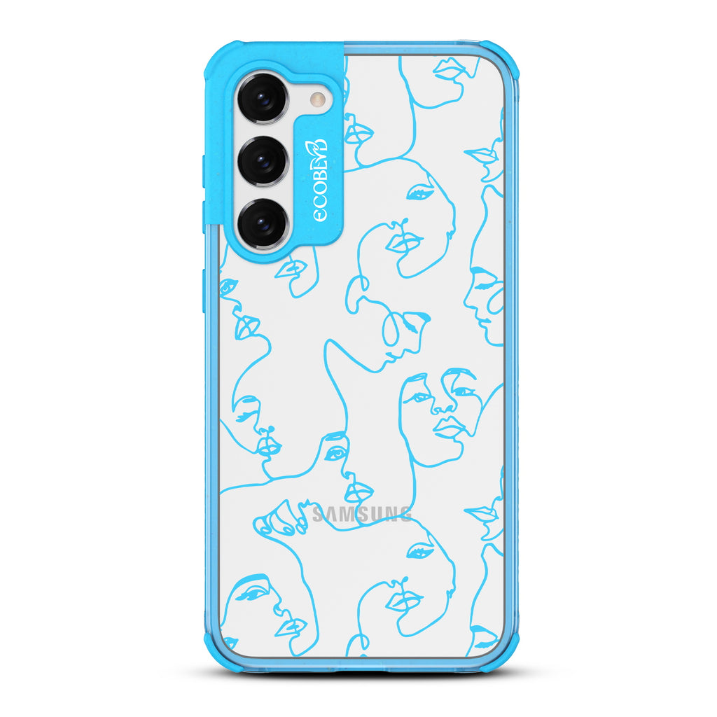 Delicate Touch - Blue Eco-Friendly Galaxy S23 Case with Woman?€?s Portrait Line Art On A Clear Back