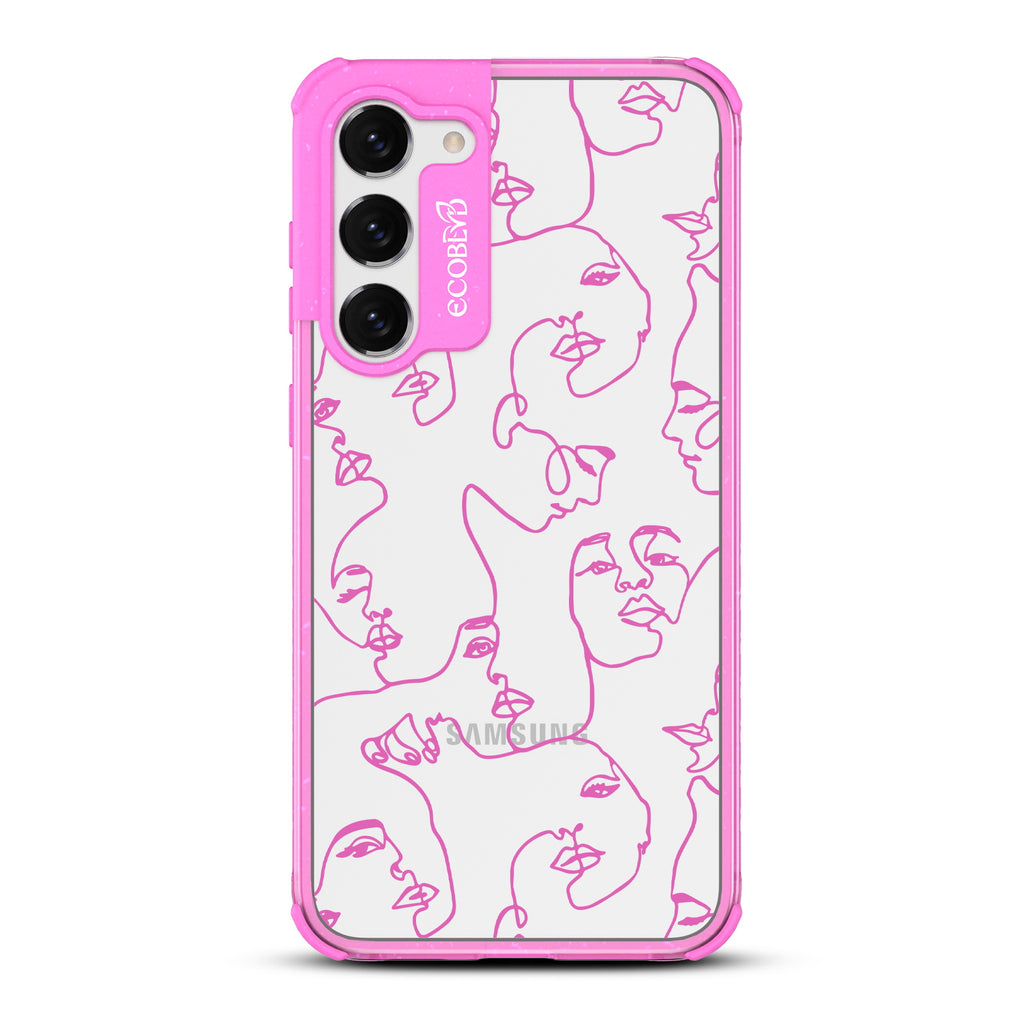 Delicate Touch - Pink Eco-Friendly Galaxy S23 Plus Case with Woman’s Portrait Line Art On A Clear Back