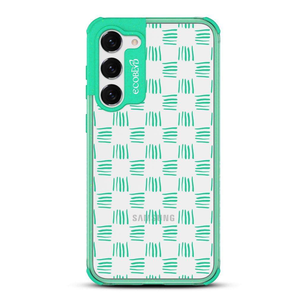 Weave It To Me - Green Eco-Friendly Galaxy S23 Case With A Wicker Inspired Rattan Pattern On A Clear Back