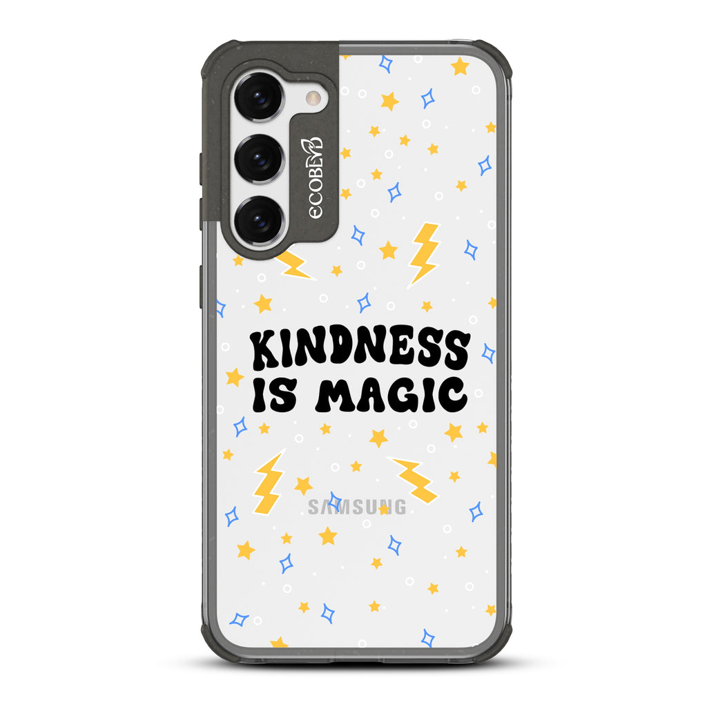 Kindness Is Magic - Black Eco-Friendly Galaxy S23 Plus Case With Kindness Is Magic, Lightning Bolts & Stars On A Clear Back