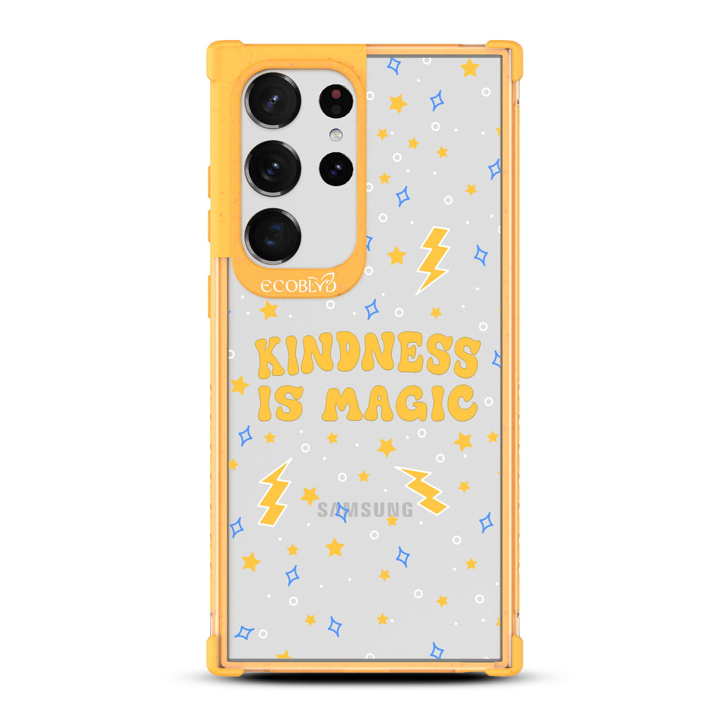 Kindness Is Magic - Yellow Eco-Friendly Galaxy S23 Ultra Case With Kindness Is Magic, Lightning Bolts & Stars On A Clear Back