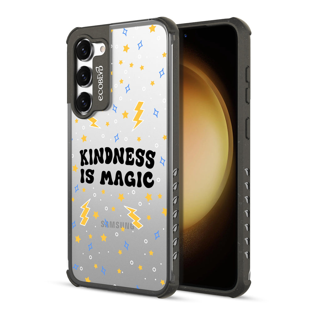 Kindness Is Magic - Back View Of Black & Clear Eco-Friendly Galaxy S23 Case & A Front View Of The Screen