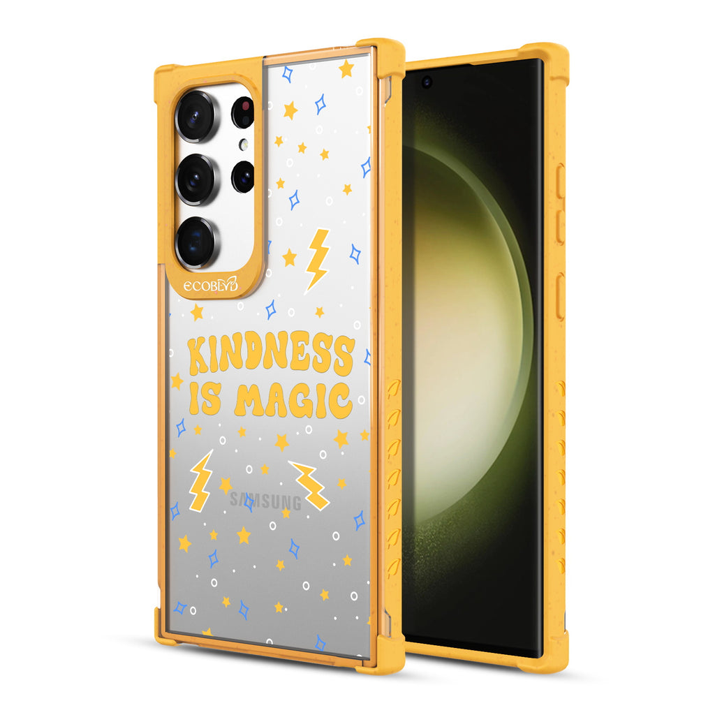 Kindness Is Magic - Back View Of Yellow & Clear Eco-Friendly Galaxy S23 Ultra Case & A Front View Of The Screen