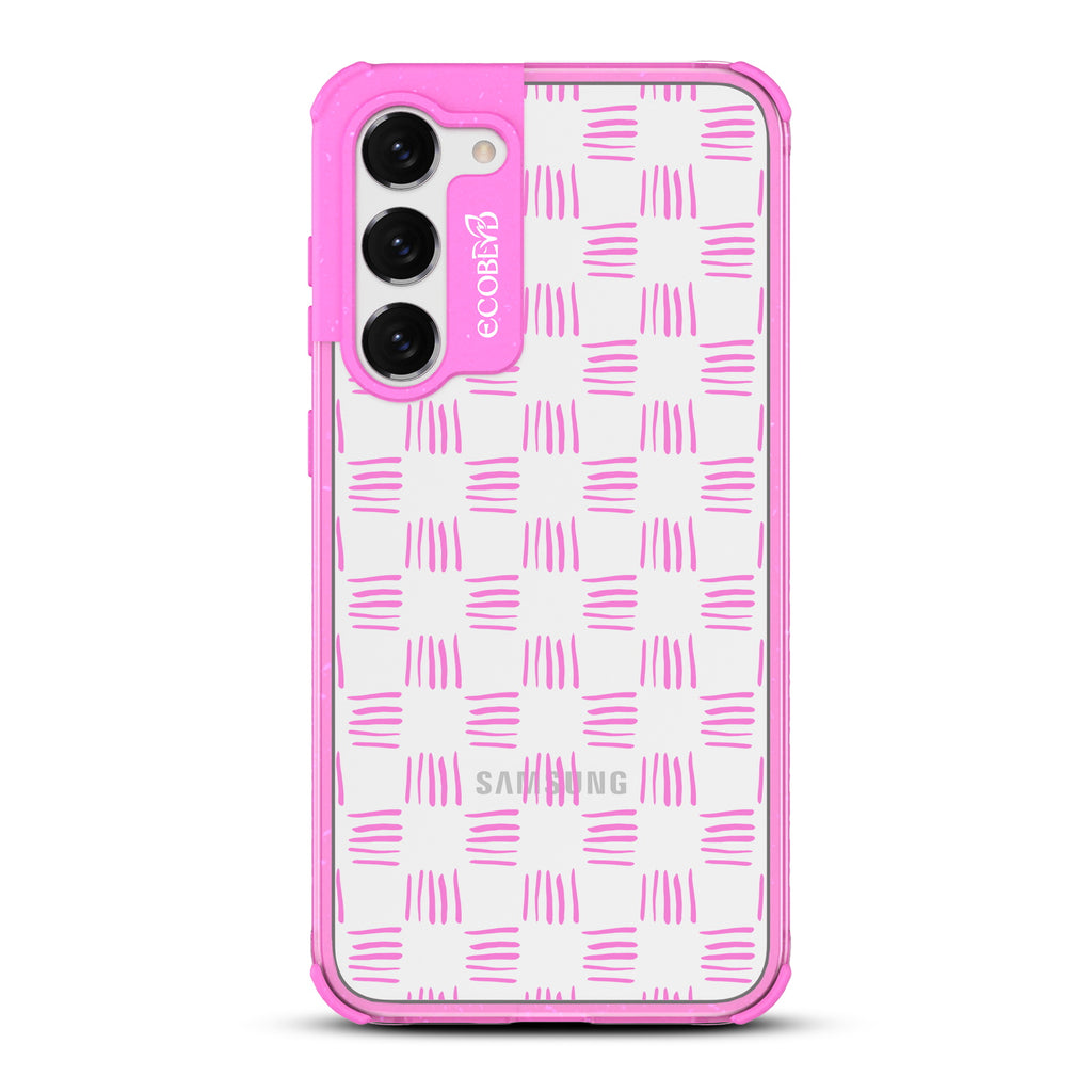 Weave It To Me - Pink Eco-Friendly Galaxy S23 Case With A Wicker Inspired Rattan Pattern On A Clear Back