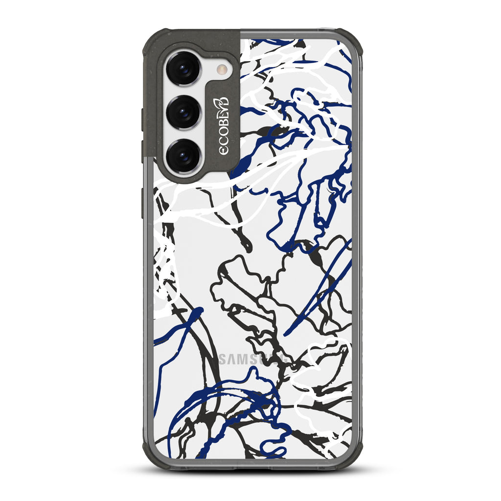 Outside the Lines - Black Eco-Friendly Galaxy S23 Case With Minimalist Abstract Lines & Squiggles On A Clear Back