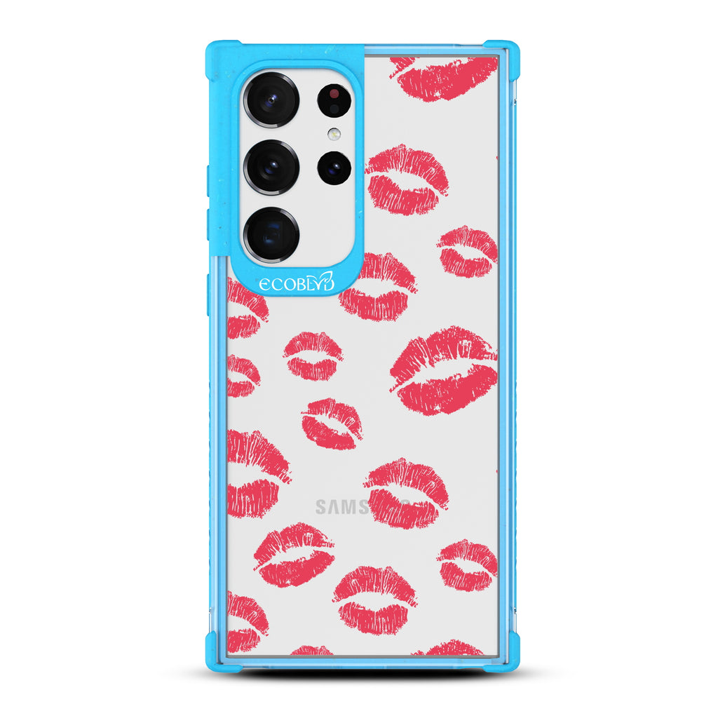 Bisou - Blue Eco-Friendly Galaxy S23 Ultra Case with Red Lipstick Kisses On A Clear Back