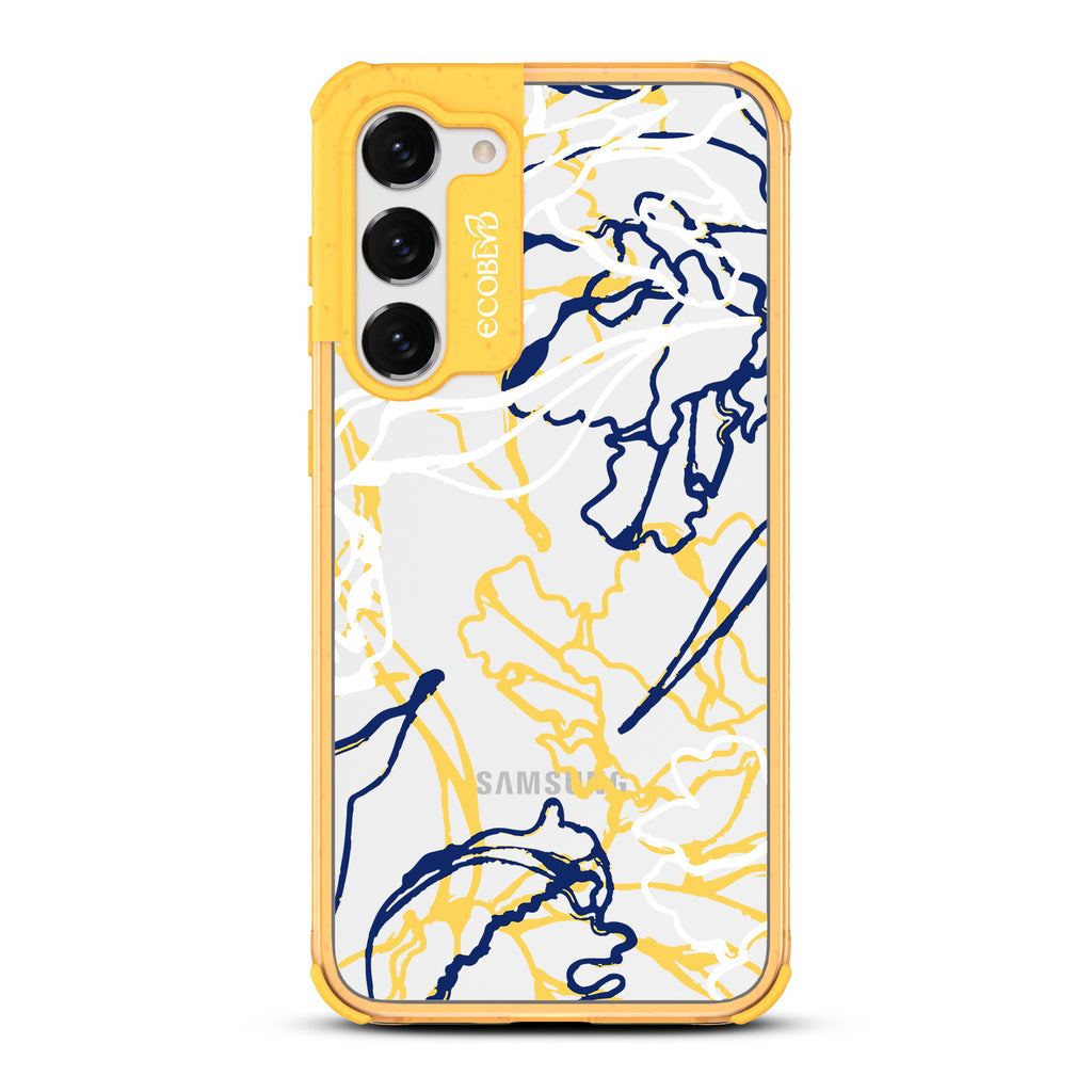 Outside the Lines - Yellow Eco-Friendly Galaxy S23 Case With Minimalist Abstract Lines & Squiggles On A Clear Back