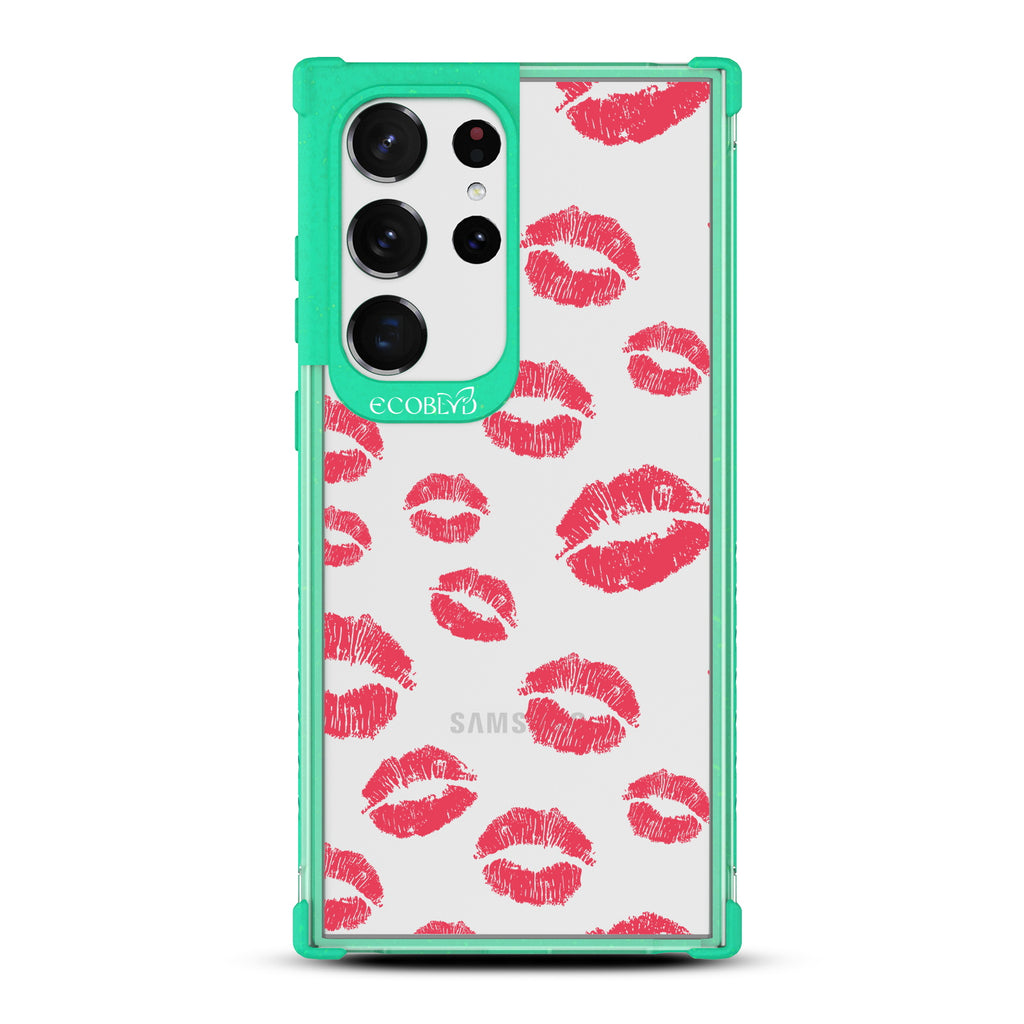 Bisou - Green Eco-Friendly Galaxy S23 Ultra Case with Red Lipstick Kisses On A Clear Back