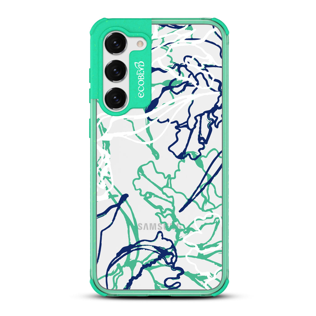  Outside the Lines - Green Eco-Friendly Galaxy S23 Case With Minimalist Abstract Lines & Squiggles On A Clear Back